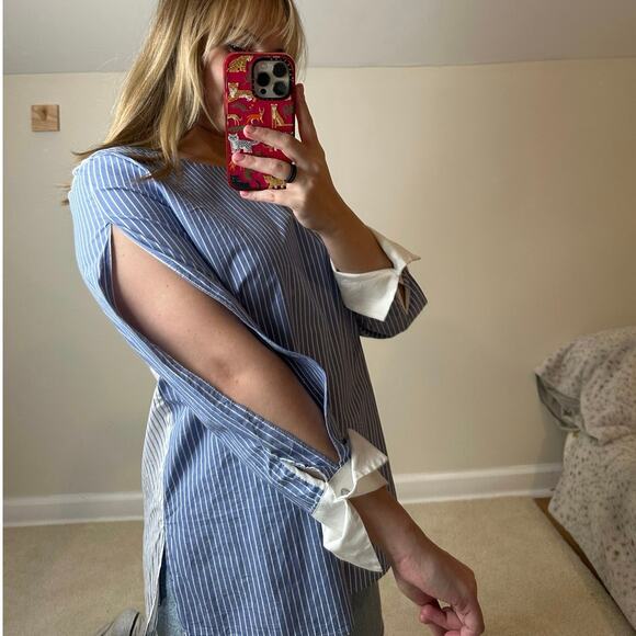 Vince Camuto: Oxford Blue Striped Long Sleeve Blouse Color Block Stripes - Picture 3 of 7